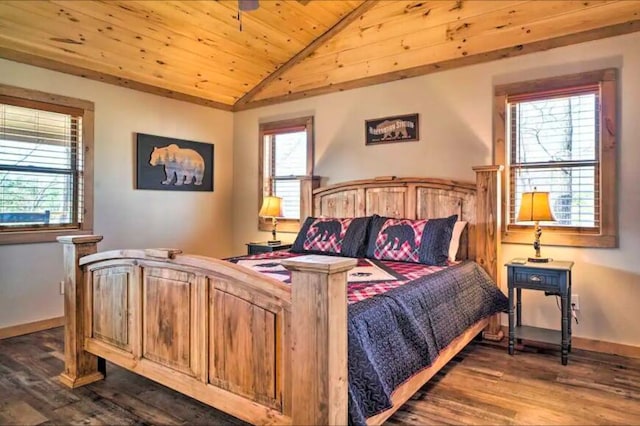 bedroom with dark hardwood / wood-style flooring, wooden ceiling, and lofted ceiling