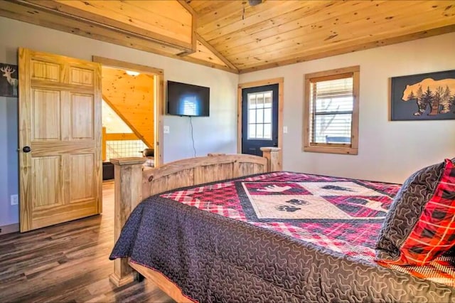 bedroom with lofted ceiling, wood-type flooring, and wooden ceiling