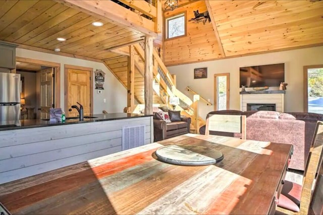 dining area featuring lofted ceiling, wood ceiling, and sink