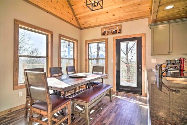 dining room with dark hardwood / wood-style floors, wood ceiling, sink, and vaulted ceiling