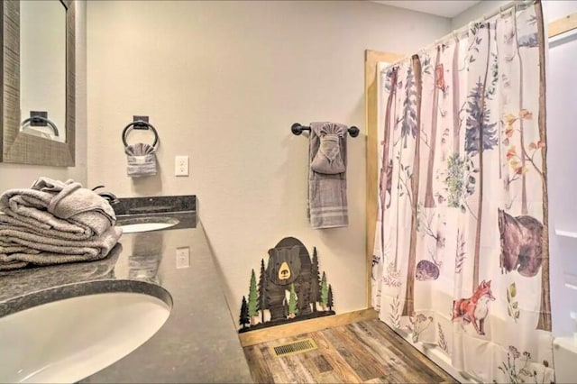 bathroom featuring shower / bath combo with shower curtain, vanity, and wood-type flooring