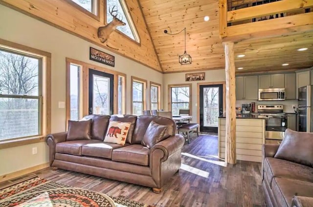 living room with high vaulted ceiling, wooden ceiling, dark hardwood / wood-style floors, and a notable chandelier