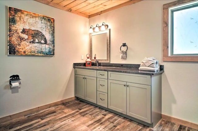 bathroom featuring vanity, hardwood / wood-style flooring, and wooden ceiling