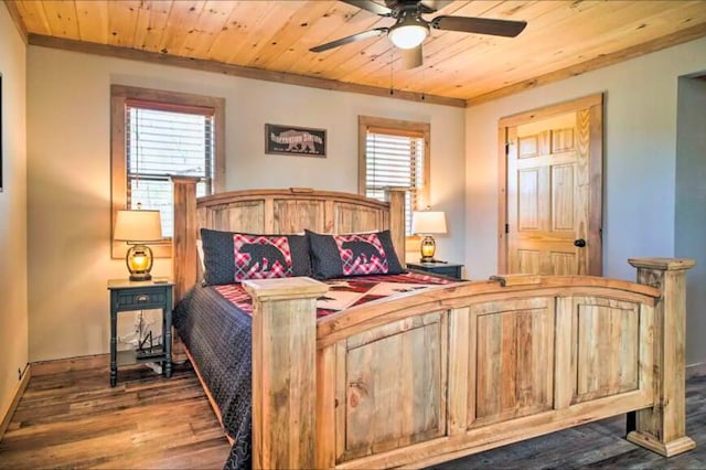 bedroom with multiple windows, ceiling fan, and wood ceiling