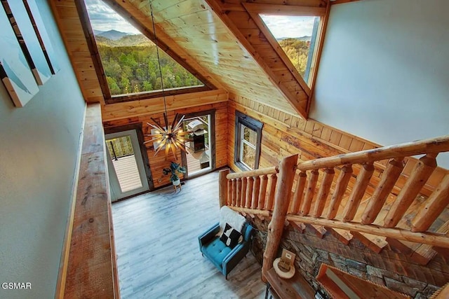 920 Falcon View Way, Sevierville, TN 37862 - stairway with wooden walls, high vaulted ceiling, plenty of natural light, wood finished floors, and wood ceiling