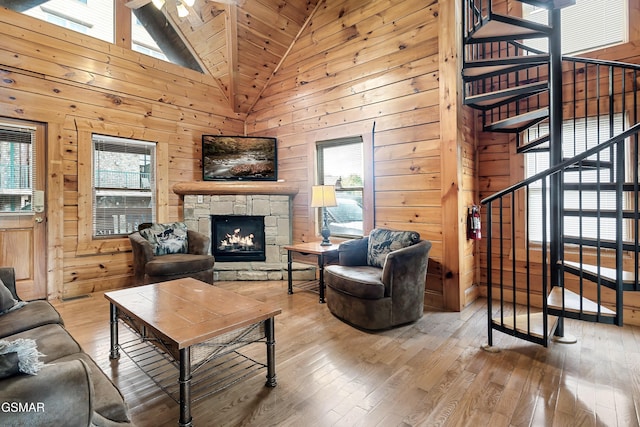415 Big Bear Way, Pigeon Forge, TN 37863 - living area with stairway, a fireplace, healthy amount of natural light, wood-type flooring, and wood walls