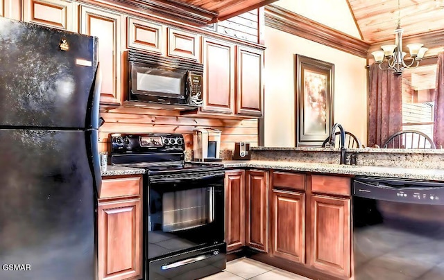 415 Big Bear Way, Pigeon Forge, TN 37863 - kitchen featuring black appliances, vaulted ceiling, a chandelier, ornamental molding, and light tile patterned floors