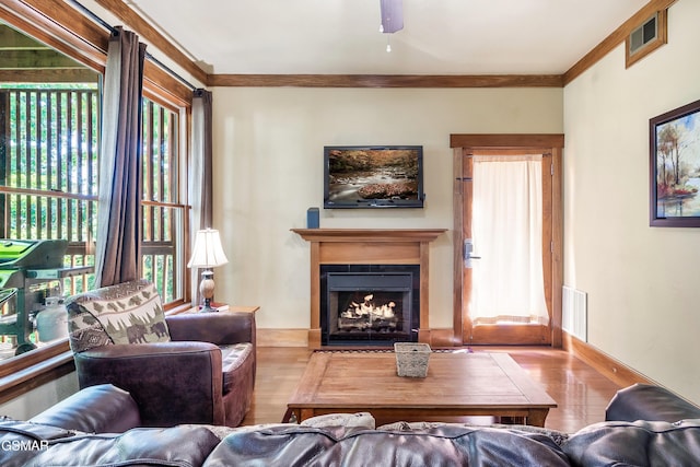 415 Big Bear Way, Pigeon Forge, TN 37863 - living area with wood finished floors, crown molding, a fireplace with flush hearth, plenty of natural light, and a ceiling fan
