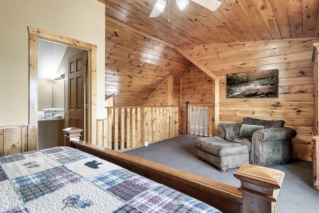 415 Big Bear Way, Pigeon Forge, TN 37863 - bedroom with carpet floors, wood walls, lofted ceiling, wooden ceiling, and ceiling fan