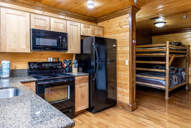 415 Big Bear Way, Pigeon Forge, TN 37863 - kitchen featuring black appliances, wooden ceiling, wooden walls, light brown cabinets, and light wood-type flooring