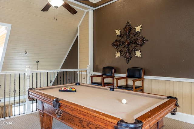 415 Big Bear Way, Pigeon Forge, TN 37863 - recreation room with a ceiling fan, pool table, vaulted ceiling, wainscoting, and carpet flooring