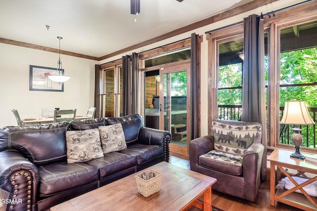 415 Big Bear Way, Pigeon Forge, TN 37863 - living room featuring wood finished floors, a ceiling fan, and ornamental molding