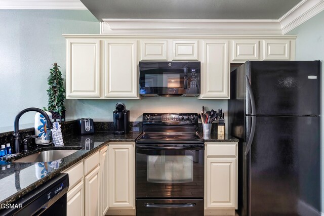 415 Big Bear Way, Pigeon Forge, TN 37863 - kitchen with black appliances, ornamental molding, dark stone countertops, and white cabinetry