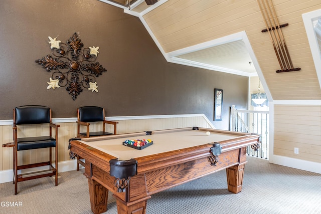 415 Big Bear Way, Pigeon Forge, TN 37863 - rec room featuring light colored carpet, billiards table, a wainscoted wall, wood walls, and crown molding