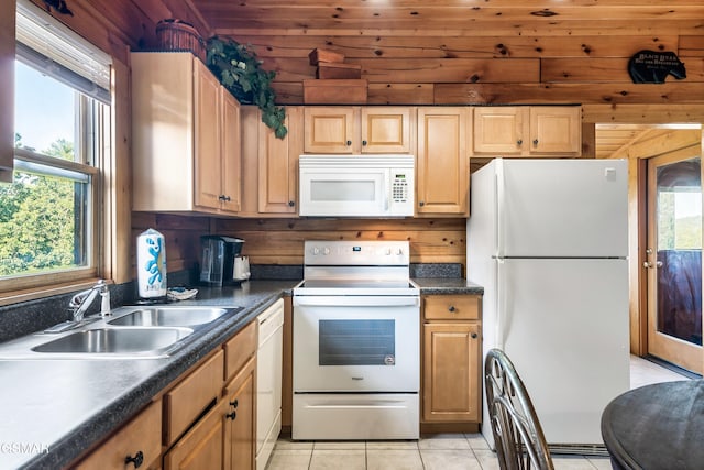415 Big Bear Way, Pigeon Forge, TN 37863 - kitchen featuring white appliances, healthy amount of natural light, light tile patterned floors, dark countertops, and wood walls