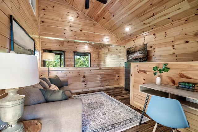 668 Stockton Dr, Sevierville, TN 37876 - living room featuring wood finished floors, wood walls, a ceiling fan, wood ceiling, and lofted ceiling