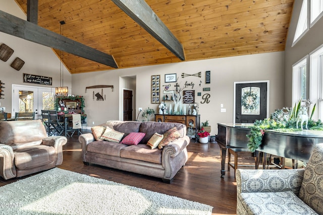 living room featuring french doors, wood ceiling, dark wood-type flooring, high vaulted ceiling, and beamed ceiling