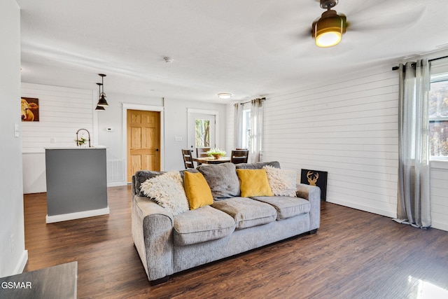 living room featuring wood walls and dark hardwood / wood-style floors