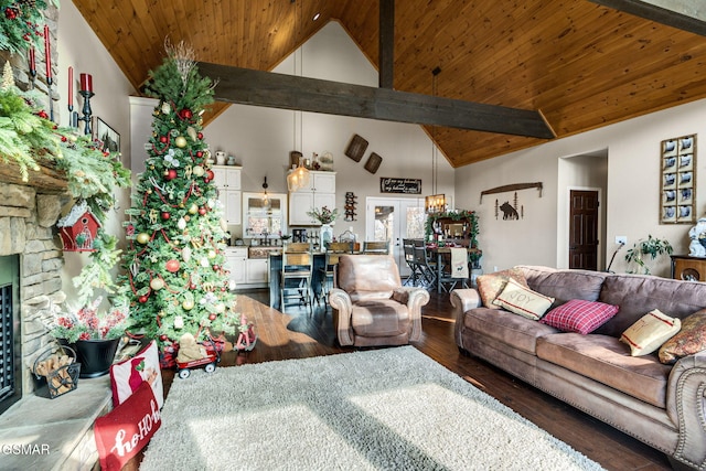 living room featuring hardwood / wood-style floors, wooden ceiling, high vaulted ceiling, french doors, and a fireplace