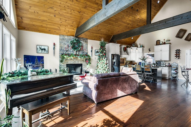 living room featuring high vaulted ceiling, a fireplace, beam ceiling, dark hardwood / wood-style flooring, and wood ceiling