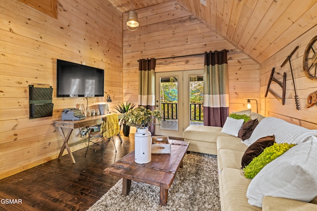 living room featuring lofted ceiling, wood ceiling, wood walls, and wood finished floors