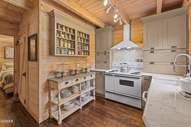 kitchen with wood ceiling, wooden walls, white electric range oven, and island range hood