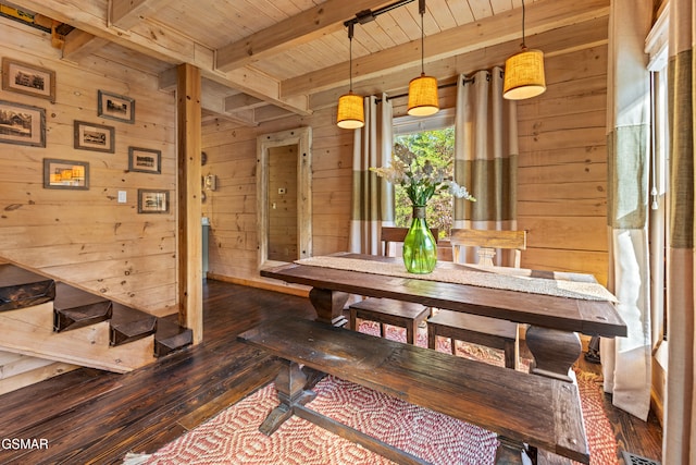 dining area featuring dark wood-style flooring, wooden ceiling, beamed ceiling, and wooden walls