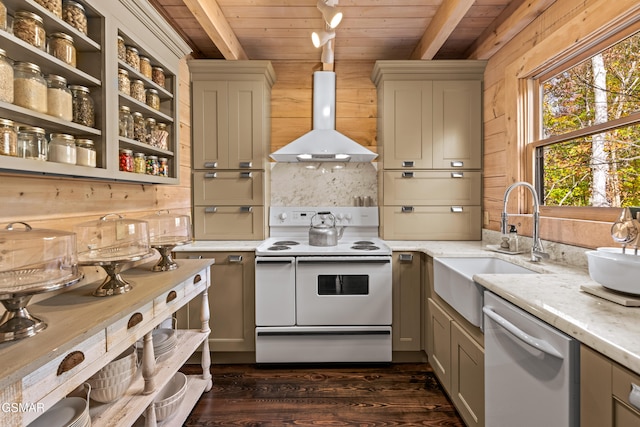 kitchen featuring white appliances, wood walls, ventilation hood, and wood ceiling