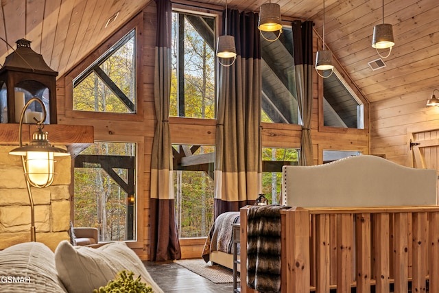 interior space with wooden ceiling, visible vents, and wood walls