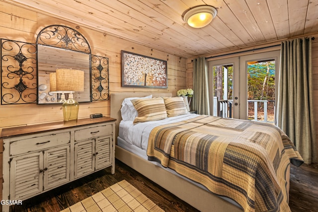 bedroom with access to exterior, french doors, dark wood finished floors, wood walls, and wooden ceiling