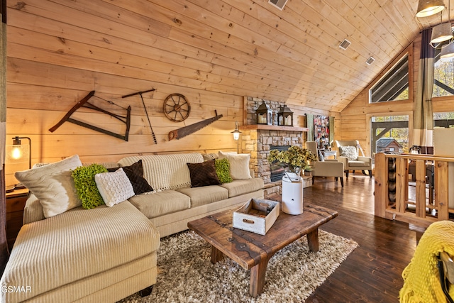 living area with lofted ceiling, wooden ceiling, hardwood / wood-style floors, wood walls, and a fireplace