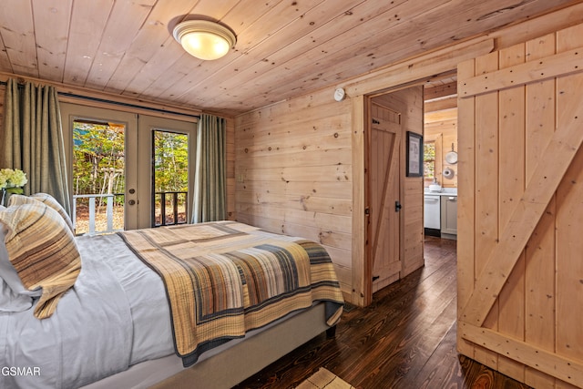 bedroom featuring wooden ceiling, access to outside, dark wood finished floors, and wood walls