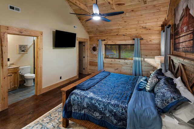 bedroom featuring ensuite bathroom, wood ceiling, ceiling fan, wood-type flooring, and high vaulted ceiling