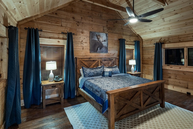 bedroom featuring ceiling fan, dark wood-type flooring, wooden ceiling, lofted ceiling, and wooden walls