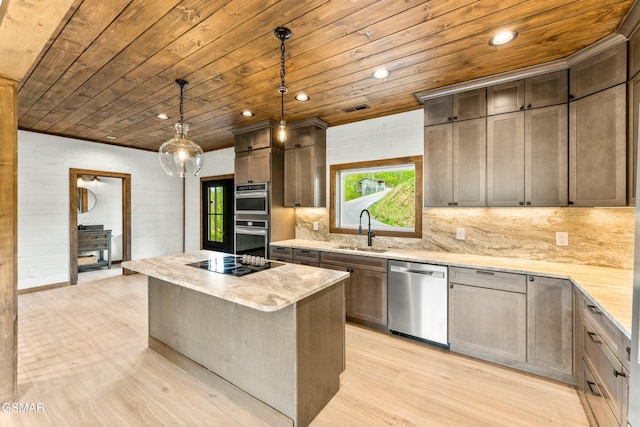 kitchen featuring wood ceiling, a sink, appliances with stainless steel finishes, light wood-style floors, and a center island