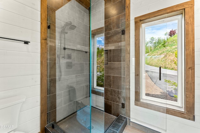 full bath with toilet and a shower stall