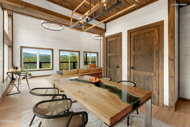 dining space featuring wood walls, wood finished floors, and a chandelier