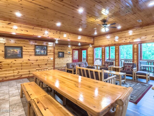 2316 Boulder Way, Sevierville, TN 37862 - dining room with wood walls, a ceiling fan, healthy amount of natural light, wood ceiling, and recessed lighting