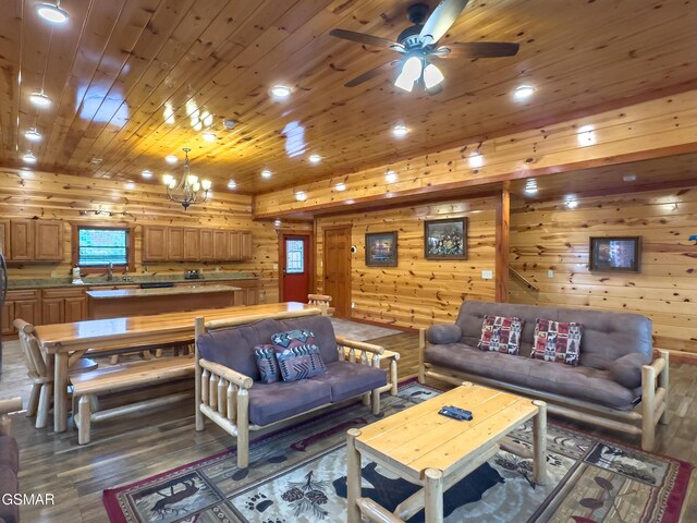 2316 Boulder Way, Sevierville, TN 37862 - living room featuring wood finished floors, a ceiling fan, recessed lighting, wooden ceiling, and wooden walls