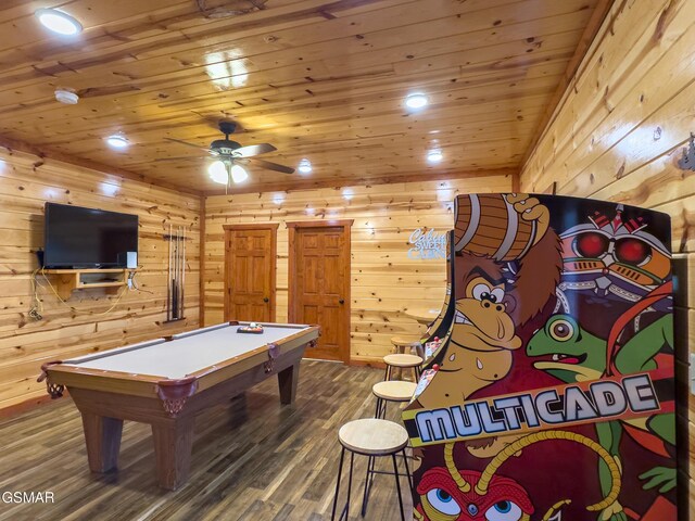 2316 Boulder Way, Sevierville, TN 37862 - playroom with wood walls, wood finished floors, billiards, wooden ceiling, and a ceiling fan