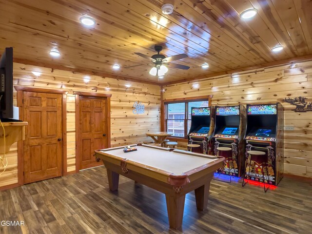 2316 Boulder Way, Sevierville, TN 37862 - recreation room featuring wood finished floors, billiards table, a ceiling fan, wood ceiling, and wood walls