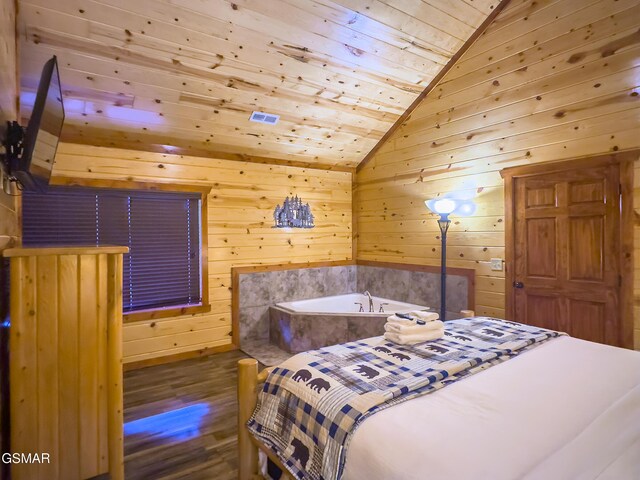 2316 Boulder Way, Sevierville, TN 37862 - bedroom with lofted ceiling, wood ceiling, wooden walls, and wood finished floors