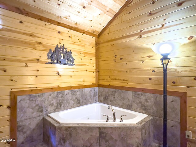 2316 Boulder Way, Sevierville, TN 37862 - full bath with a bath, lofted ceiling, wood walls, and wooden ceiling