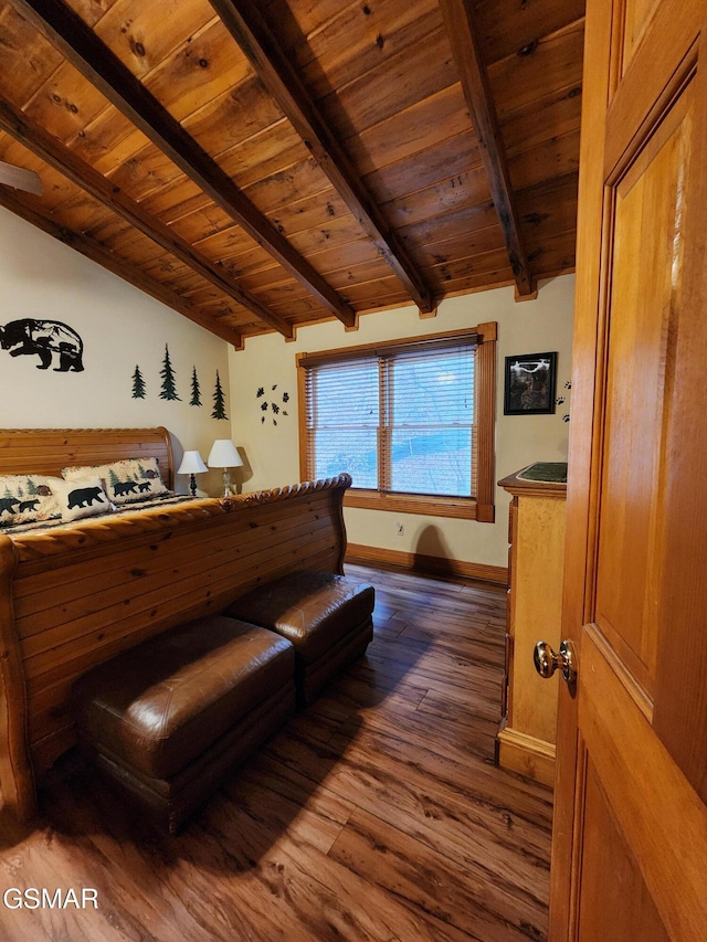 bedroom with vaulted ceiling with beams, wood ceiling, and dark wood-type flooring