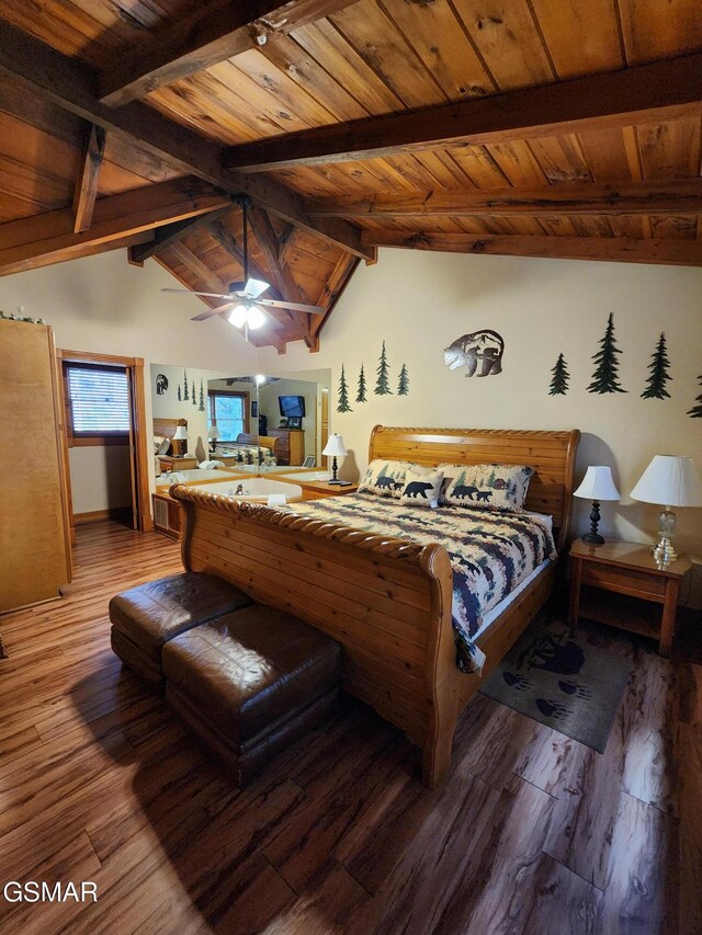 bedroom with lofted ceiling with beams, ceiling fan, wood-type flooring, and wooden ceiling