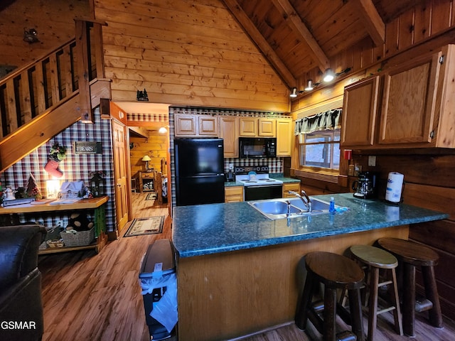 kitchen with black appliances, lofted ceiling with beams, sink, dark hardwood / wood-style flooring, and wood ceiling