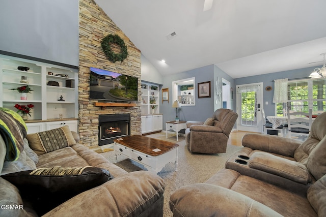 523 Apple View Way Unit 409, Sevierville, TN 37862 - living room with high vaulted ceiling and a stone fireplace