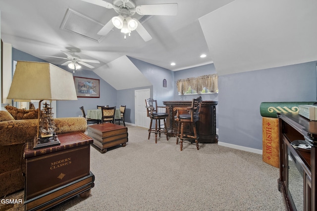 523 Apple View Way Unit 409, Sevierville, TN 37862 - living area with ceiling fan, a dry bar, carpet floors, lofted ceiling, and recessed lighting