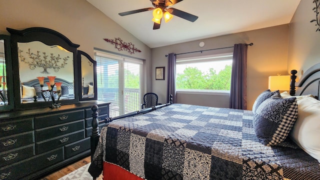 bedroom featuring ceiling fan, wood finished floors, vaulted ceiling, and access to exterior