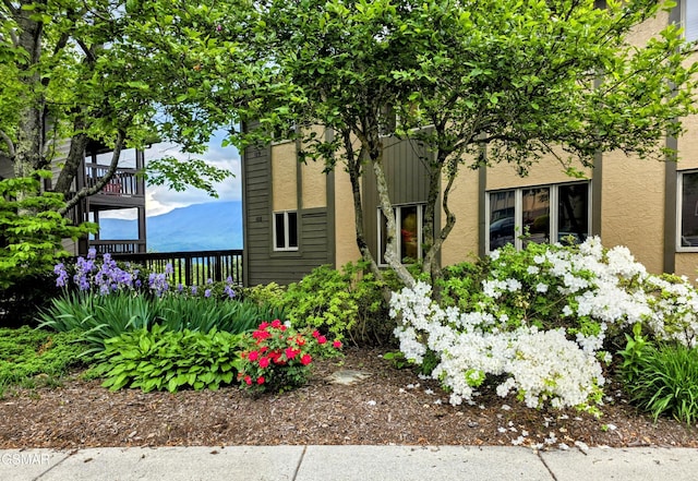view of property exterior with a mountain view and stucco siding